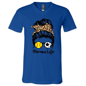 Memaw Life Messy Bun Hair Soccer Softball Memaw Gift V-Neck T-Shirt