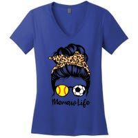 Memaw Life Messy Bun Hair Soccer Softball Memaw Gift Women's V-Neck T-Shirt