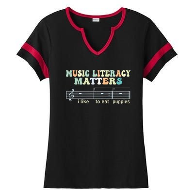 Music Literacy Matters I Like To Eat Puppies Ladies Halftime Notch Neck Tee