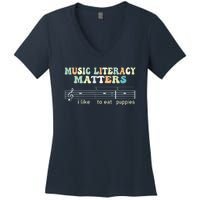 Music Literacy Matters I Like To Eat Puppies Women's V-Neck T-Shirt