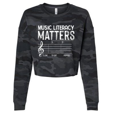 Music Literacy Matters I Like To Eat Puppies Funny Design Cropped Pullover Crew