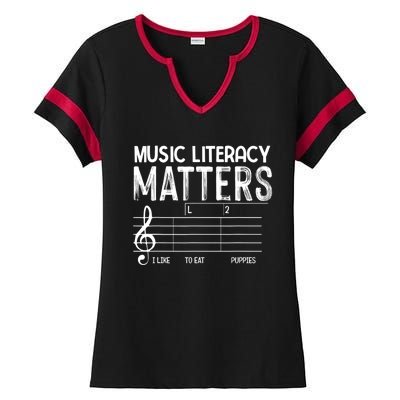 Music Literacy Matters I Like To Eat Puppies Funny Design Ladies Halftime Notch Neck Tee