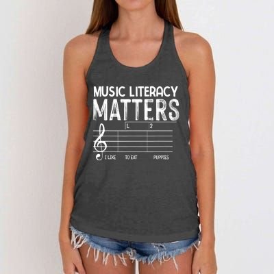 Music Literacy Matters I Like To Eat Puppies Funny Design Women's Knotted Racerback Tank