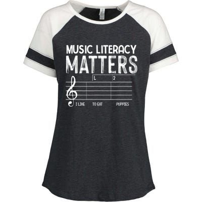 Music Literacy Matters I Like To Eat Puppies Funny Design Enza Ladies Jersey Colorblock Tee