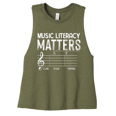 Music Literacy Matters I Like To Eat Puppies Funny Design Women's Racerback Cropped Tank