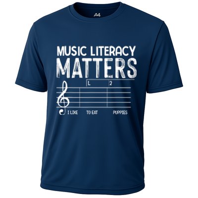 Music Literacy Matters I Like To Eat Puppies Funny Design Cooling Performance Crew T-Shirt