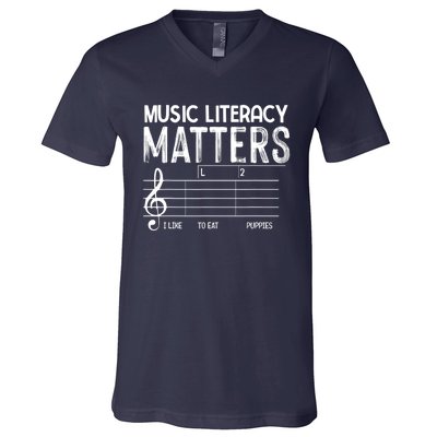 Music Literacy Matters I Like To Eat Puppies Funny Design V-Neck T-Shirt