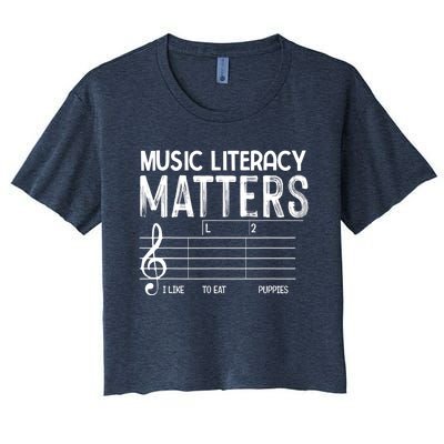 Music Literacy Matters I Like To Eat Puppies Funny Design Women's Crop Top Tee