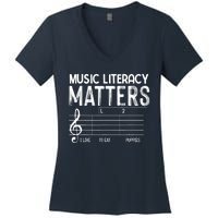 Music Literacy Matters I Like To Eat Puppies Funny Design Women's V-Neck T-Shirt