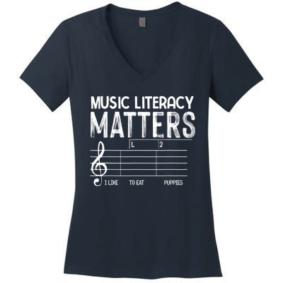 Music Literacy Matters I Like To Eat Puppies Funny Design Women's V-Neck T-Shirt