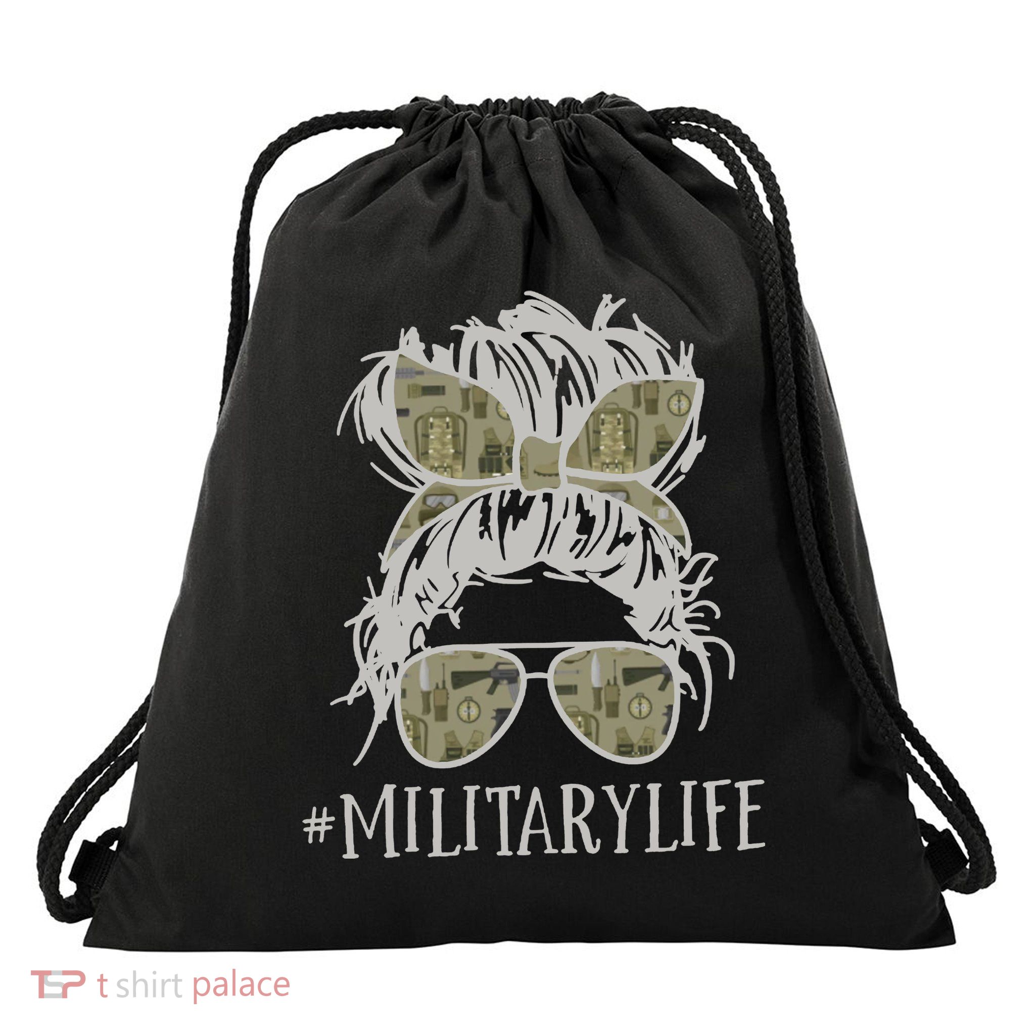Military Life Messy Bun Wife Drawstring Bag