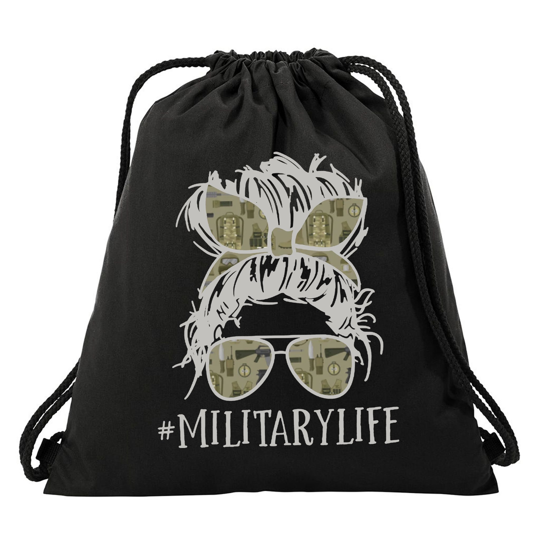 Military Life Messy Bun Wife Drawstring Bag