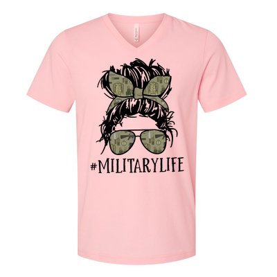 Military Life Messy Bun Wife V-Neck T-Shirt