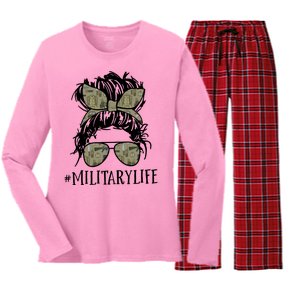 Military Life Messy Bun Wife Women's Long Sleeve Flannel Pajama Set 