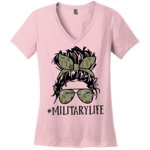 Military Life Messy Bun Wife Women's V-Neck T-Shirt