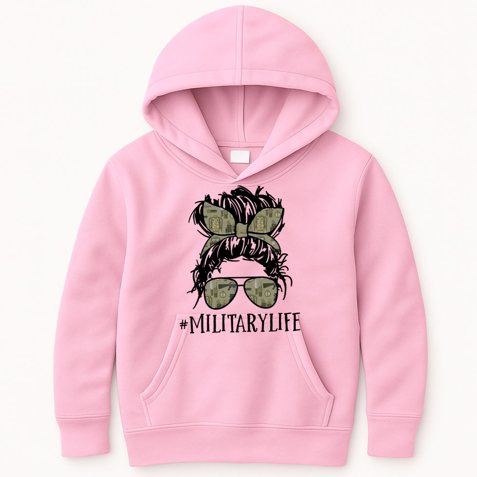 Military Life Messy Bun Wife Kids Hoodie