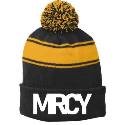 MRCY Logo Mercy Christian Slogan Stripe Pom Pom Beanie