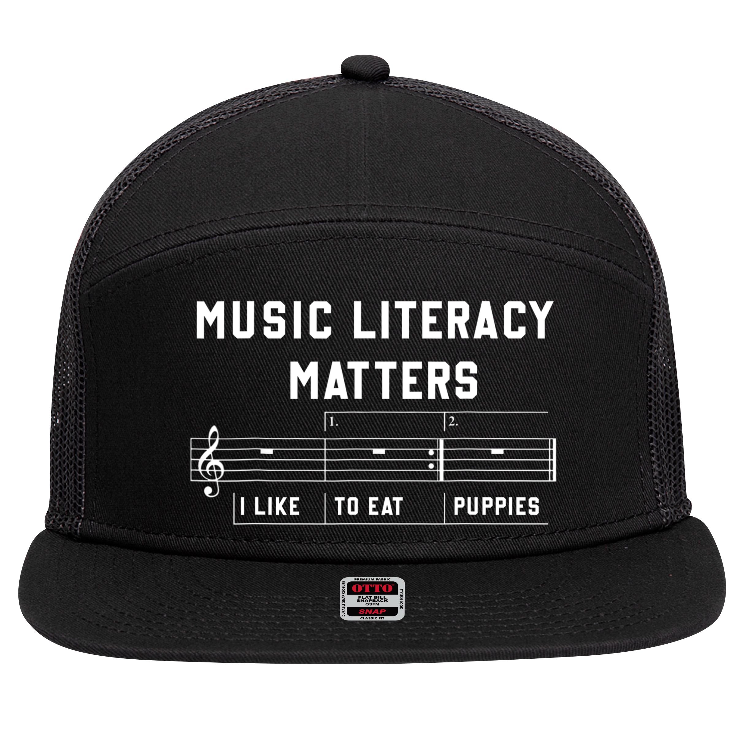 Music Literacy Matters I Like To Eat Puppies 7 Panel Mesh Trucker Snapback Hat