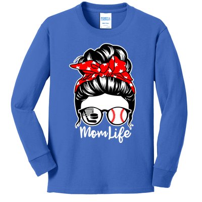 Mom Life Messy Bun Hair Baseball Hockey Player Mom Great Gift Kids Long Sleeve Shirt