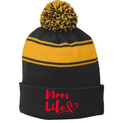 Mom Life | Mothers Funny Mothersday Gift | Womens Stripe Pom Pom Beanie