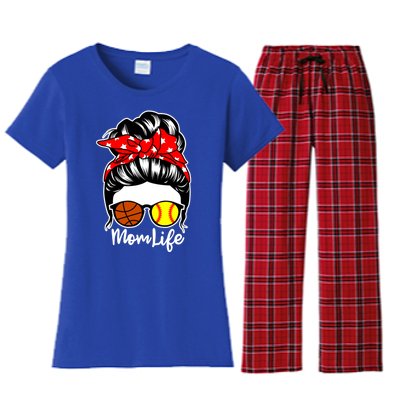 Mom Life Messy Bun Hair Softball Basketball Player Mom Funny Gift Women's Flannel Pajama Set