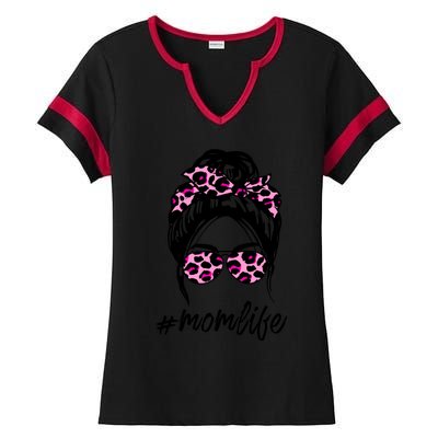 Mom Life Messy Hair Bun Pink Leopard Print Mothers Day Cool Gift Ladies Halftime Notch Neck Tee