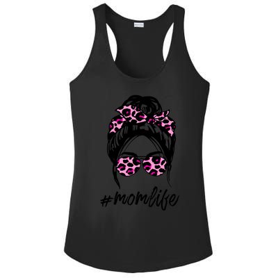 Mom Life Messy Hair Bun Pink Leopard Print Mothers Day Cool Gift Ladies PosiCharge Competitor Racerback Tank