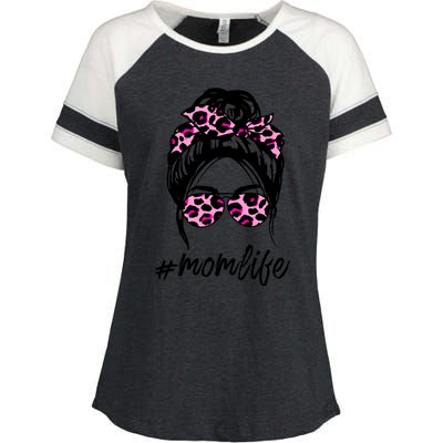 Mom Life Messy Hair Bun Pink Leopard Print Mothers Day Cool Gift Enza Ladies Jersey Colorblock Tee