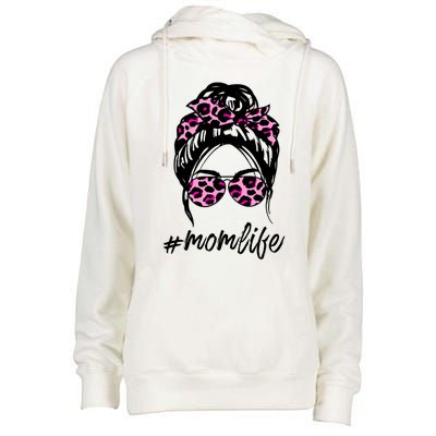 Mom Life Messy Hair Bun Pink Leopard Print Mothers Day Cool Gift Womens Funnel Neck Pullover Hood