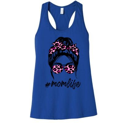 Mom Life Messy Hair Bun Pink Leopard Print Mothers Day Cool Gift Women's Racerback Tank