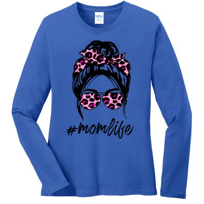 Mom Life Messy Hair Bun Pink Leopard Print Mothers Day Cool Gift Ladies Long Sleeve Shirt