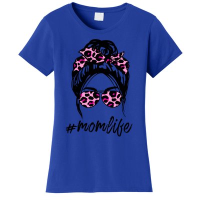 Mom Life Messy Hair Bun Pink Leopard Print Mothers Day Cool Gift Women's T-Shirt