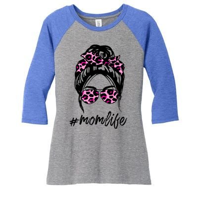 Mom Life Messy Hair Bun Pink Leopard Print Mothers Day Cool Gift Women's Tri-Blend 3/4-Sleeve Raglan Shirt