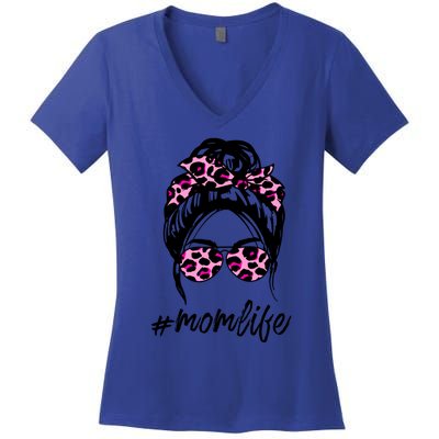 Mom Life Messy Hair Bun Pink Leopard Print Mothers Day Cool Gift Women's V-Neck T-Shirt