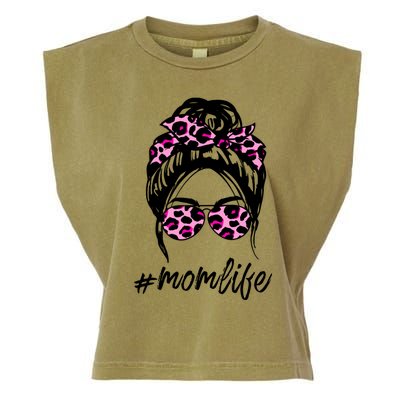 Mom Life Messy Hair Bun Pink Leopard Print Mothers Day Cool Gift Garment-Dyed Women's Muscle Tee