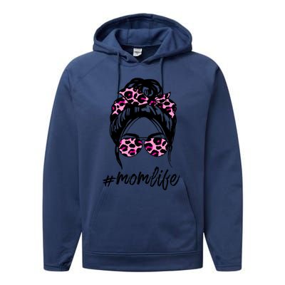 Mom Life Messy Hair Bun Pink Leopard Print Mothers Day Cool Gift Performance Fleece Hoodie