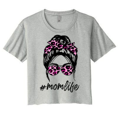 Mom Life Messy Hair Bun Pink Leopard Print Mothers Day Cool Gift Women's Crop Top Tee