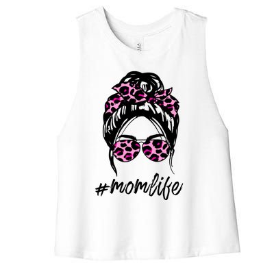 Mom Life Messy Hair Bun Pink Leopard Print Mothers Day Cool Gift Women's Racerback Cropped Tank