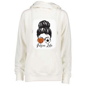 Mom Life Messy Bun Hair Basketball Soccer Mother's Day Gift Womens Funnel Neck Pullover Hood