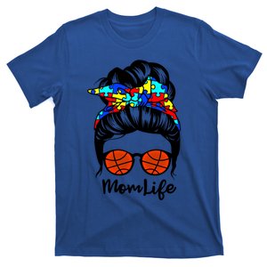 Mom Life Messy Bun Hair Autism Basketball Funny Autism Gift T-Shirt