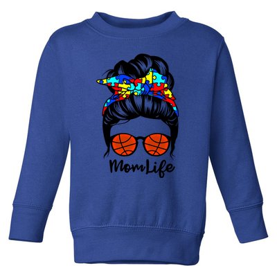 Mom Life Messy Bun Hair Autism Basketball Funny Autism Gift Toddler Sweatshirt