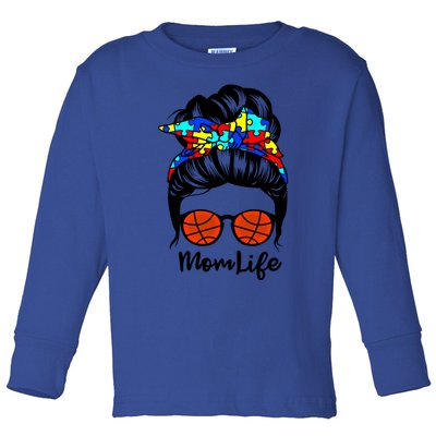 Mom Life Messy Bun Hair Autism Basketball Funny Autism Gift Toddler Long Sleeve Shirt