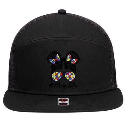 Mom Life Messy Bun Hair Puzzle Pieces Autism Awareness Gift 7 Panel Mesh Trucker Snapback Hat