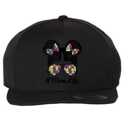 Mom Life Messy Bun Hair Puzzle Pieces Autism Awareness Gift Wool Snapback Cap