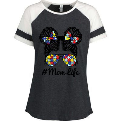 Mom Life Messy Bun Hair Puzzle Pieces Autism Awareness Gift Enza Ladies Jersey Colorblock Tee