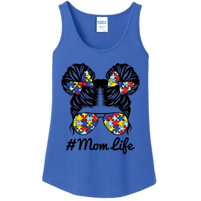 Mom Life Messy Bun Hair Puzzle Pieces Autism Awareness Gift Ladies Essential Tank