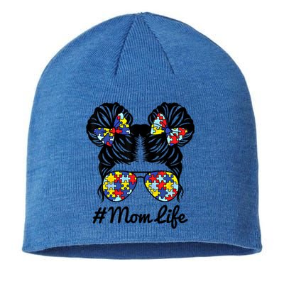 Mom Life Messy Bun Hair Puzzle Pieces Autism Awareness Gift Sustainable Beanie