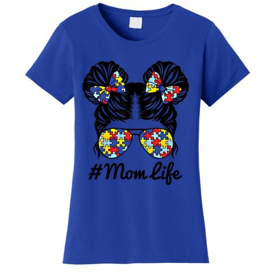 Mom Life Messy Bun Hair Puzzle Pieces Autism Awareness Gift Women's T-Shirt