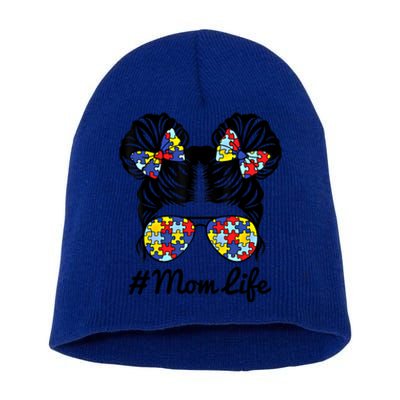 Mom Life Messy Bun Hair Puzzle Pieces Autism Awareness Gift Short Acrylic Beanie