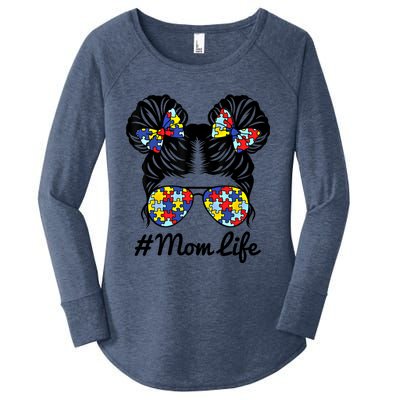 Mom Life Messy Bun Hair Puzzle Pieces Autism Awareness Gift Women's Perfect Tri Tunic Long Sleeve Shirt